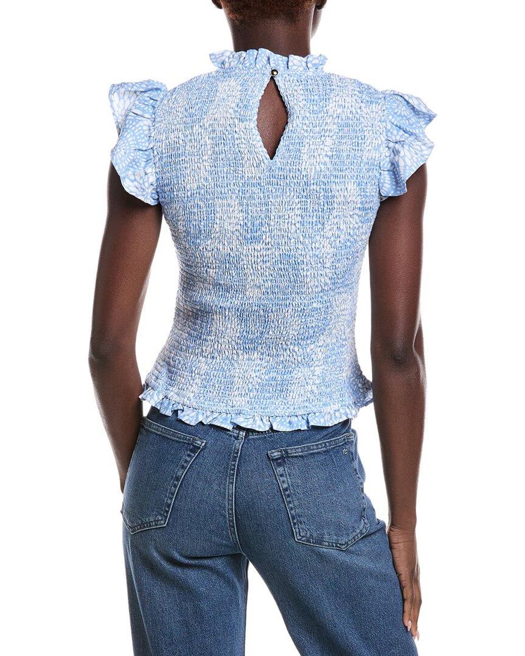 Sail To Sable Blue Smocked Flutter Linen-Blend Top