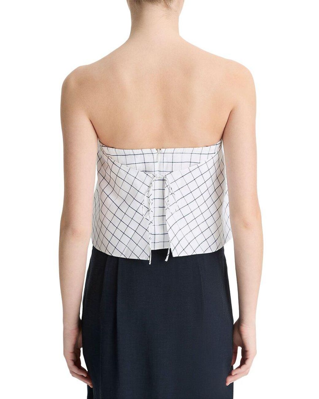 Vince Blue Linen-Blend Trellis Plaid Tie Top