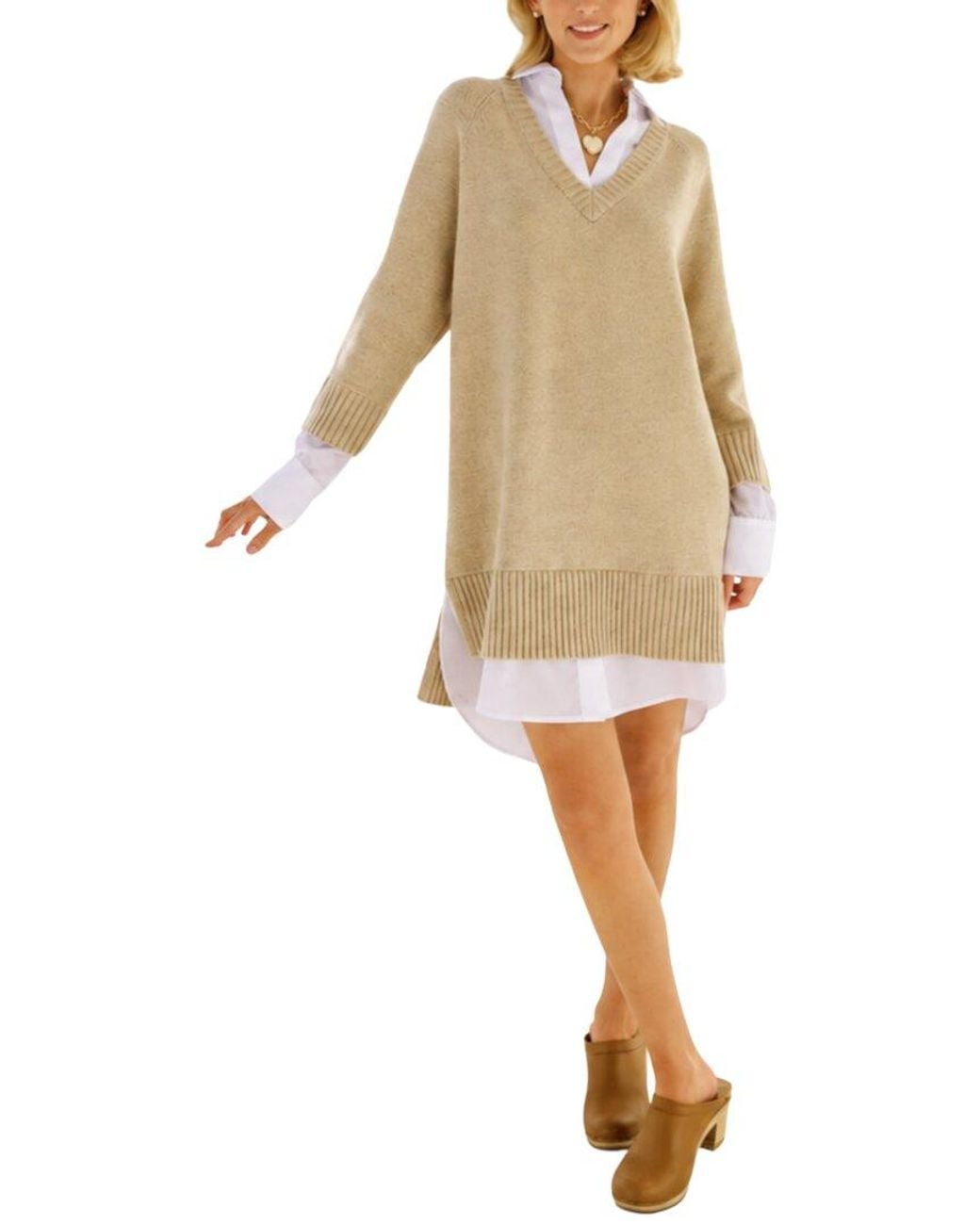 Sail To Sable Natural Collared Shirt Combo Wool Mini Dress