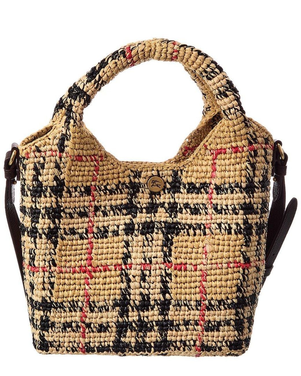 Burberry Brown Margate Mini Check Raffia & Leather Tote