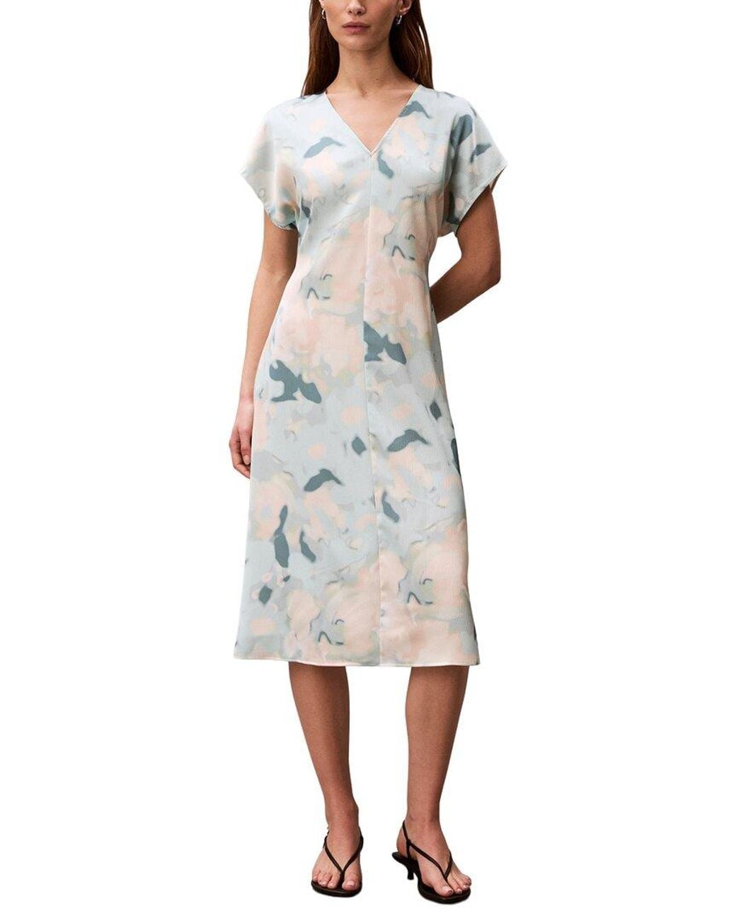 Calvin Klein White Satin Print Midi Dress