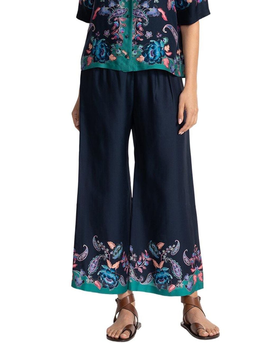 Johnny Was Blue Yasmin Cropped Silk-Blend Easy Pant