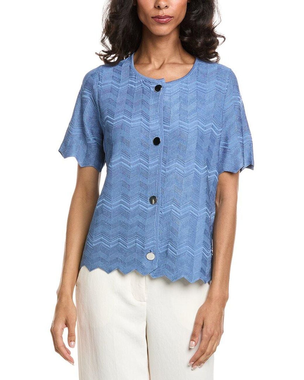 Anne Klein Blue Zig Zag Short Sleeve Cardigan