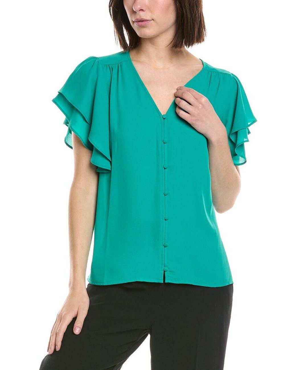 Cece Green Double Flutter Shirred Shoulder Blouse
