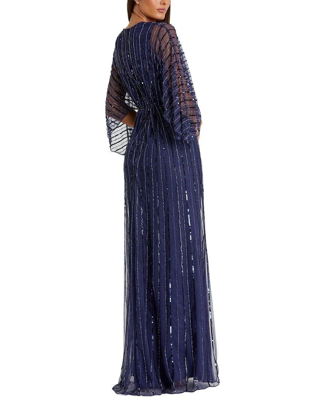 Mac Duggal Blue Beaded Striping Kimono Sleeve V Neck Gown