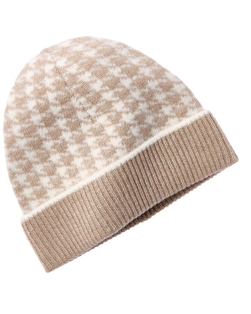 Bruno Magli Natural Houndstooth Jacquard Cuffed Cashmere Hat