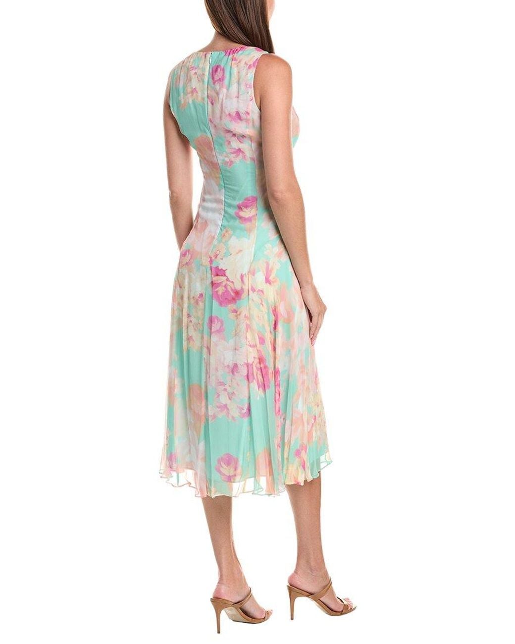 Teri Jon Green Chiffon Print V-Neck Ruched Front Silk Midi Dress