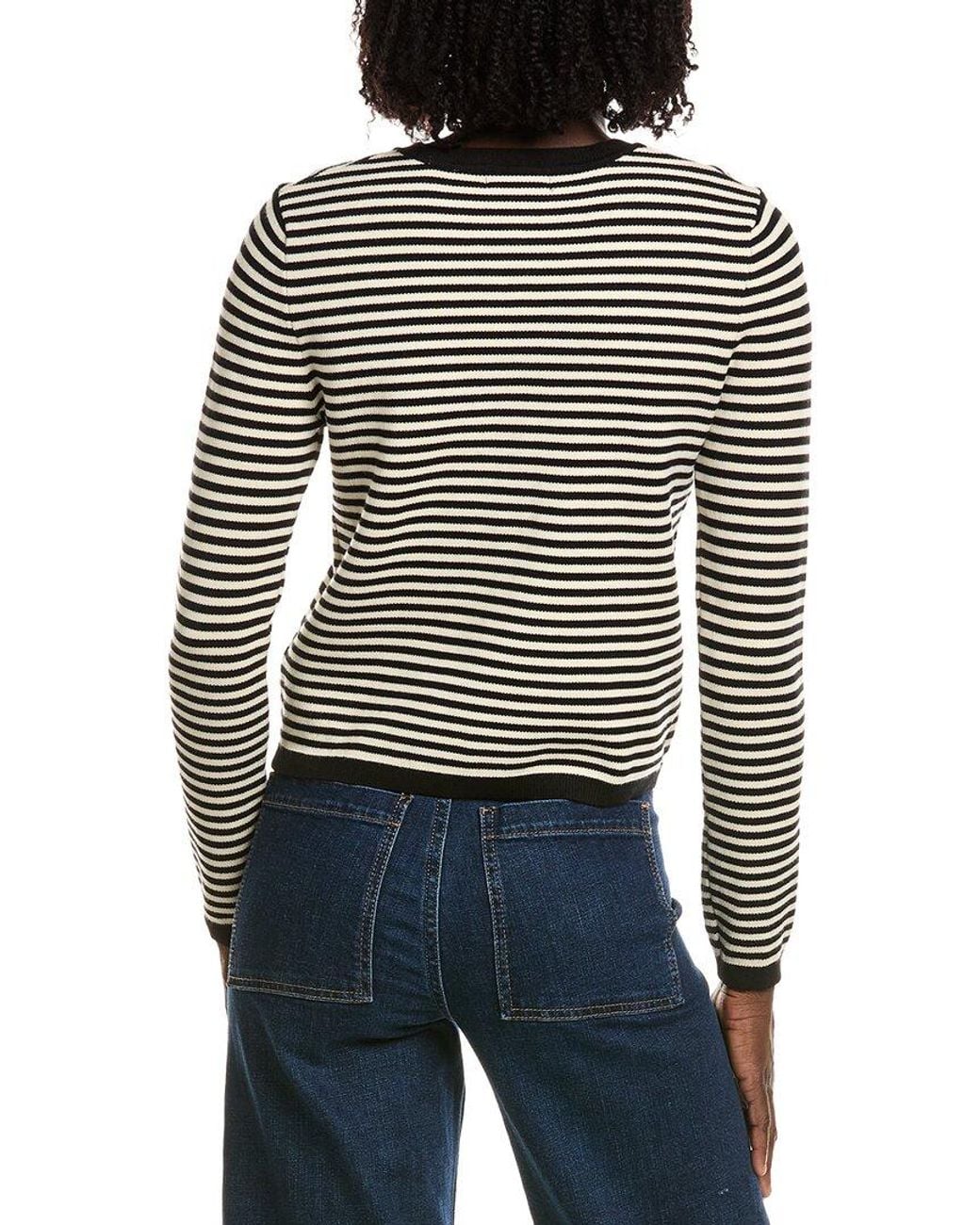 Tahari Black Crewneck Striped Cropped Cardigan