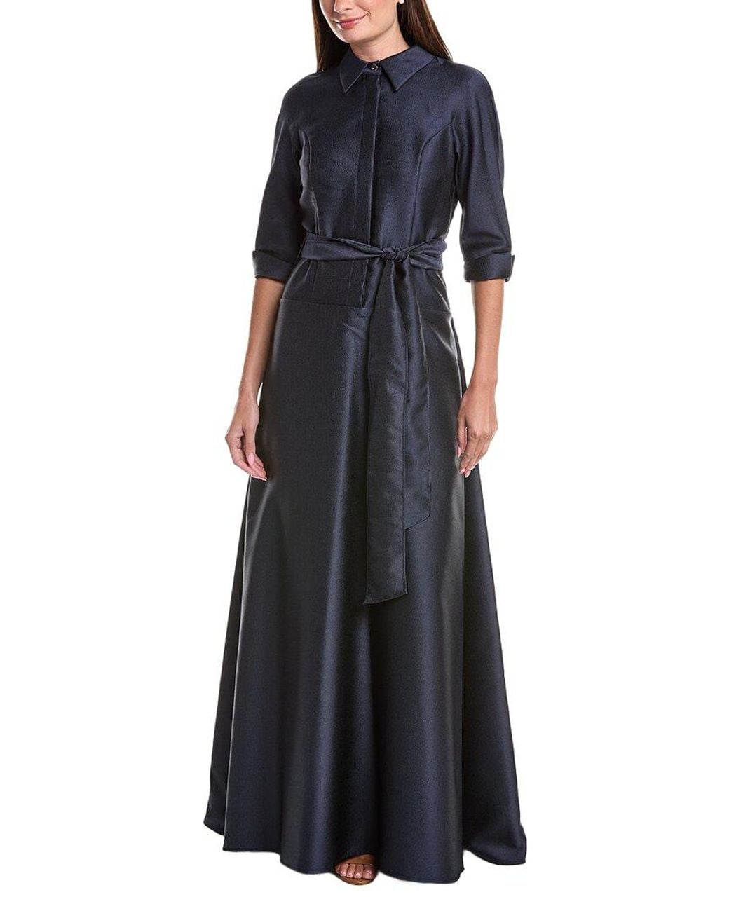 Teri Jon Blue Mikado Shirt Drop-Waist Gown