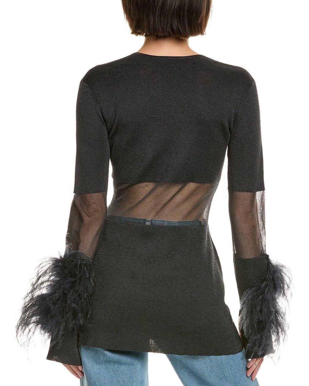LAPOINTE Black Sheer Intarsia Ostrich-Trim Top