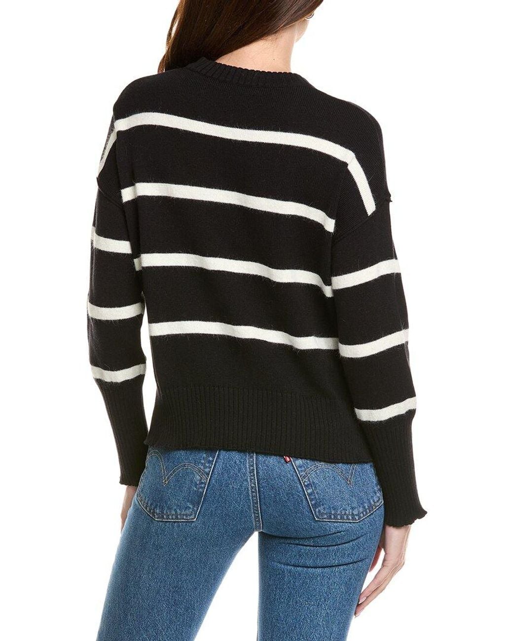 Hannah Rose Black Drop Shoulder Stripe Crewneck Cashmere-Blend Sweater