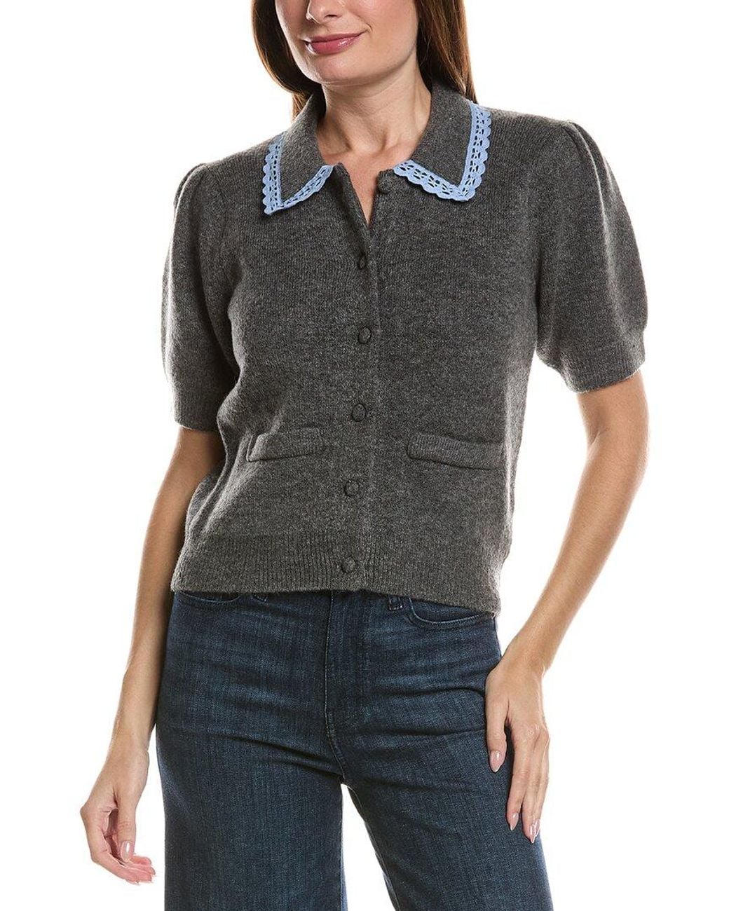 English Factory Gray Lace Trimmed Puff Sleeve Knit Cardigan
