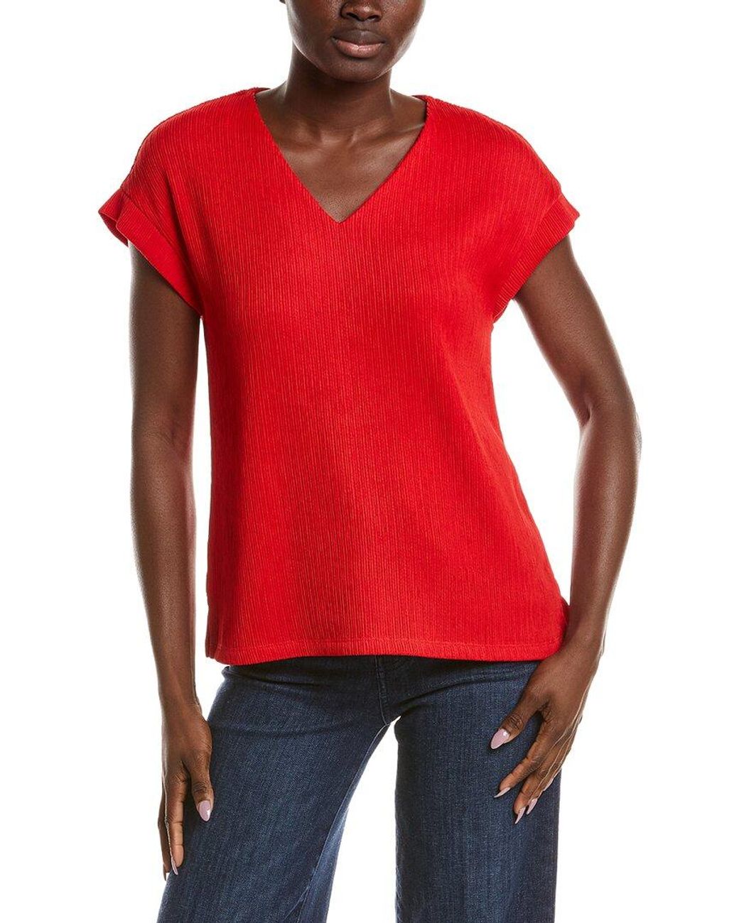 Anne Klein Red Crinkle Pintuck Knit Top