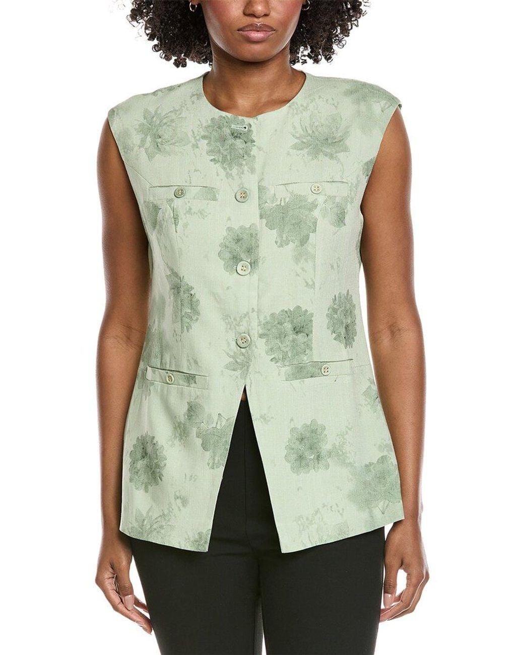 Gracia Green Printed Linen-Blend Vest