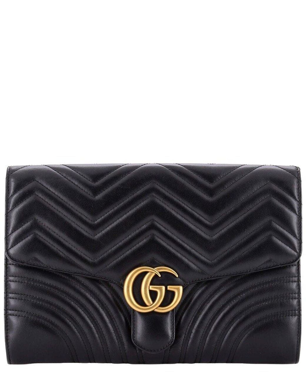 Gucci Black Matelasse Leather Gg Marmont Flap Clutch (Authentic Pre-Loved)