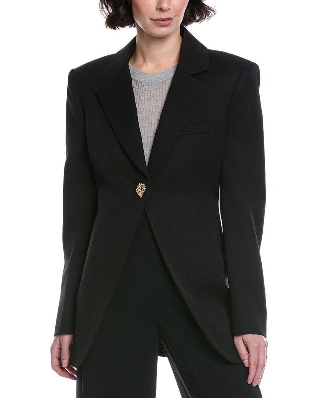 Oscar de la Renta Black Peak Lapel Silk-Lined Wool Blazer