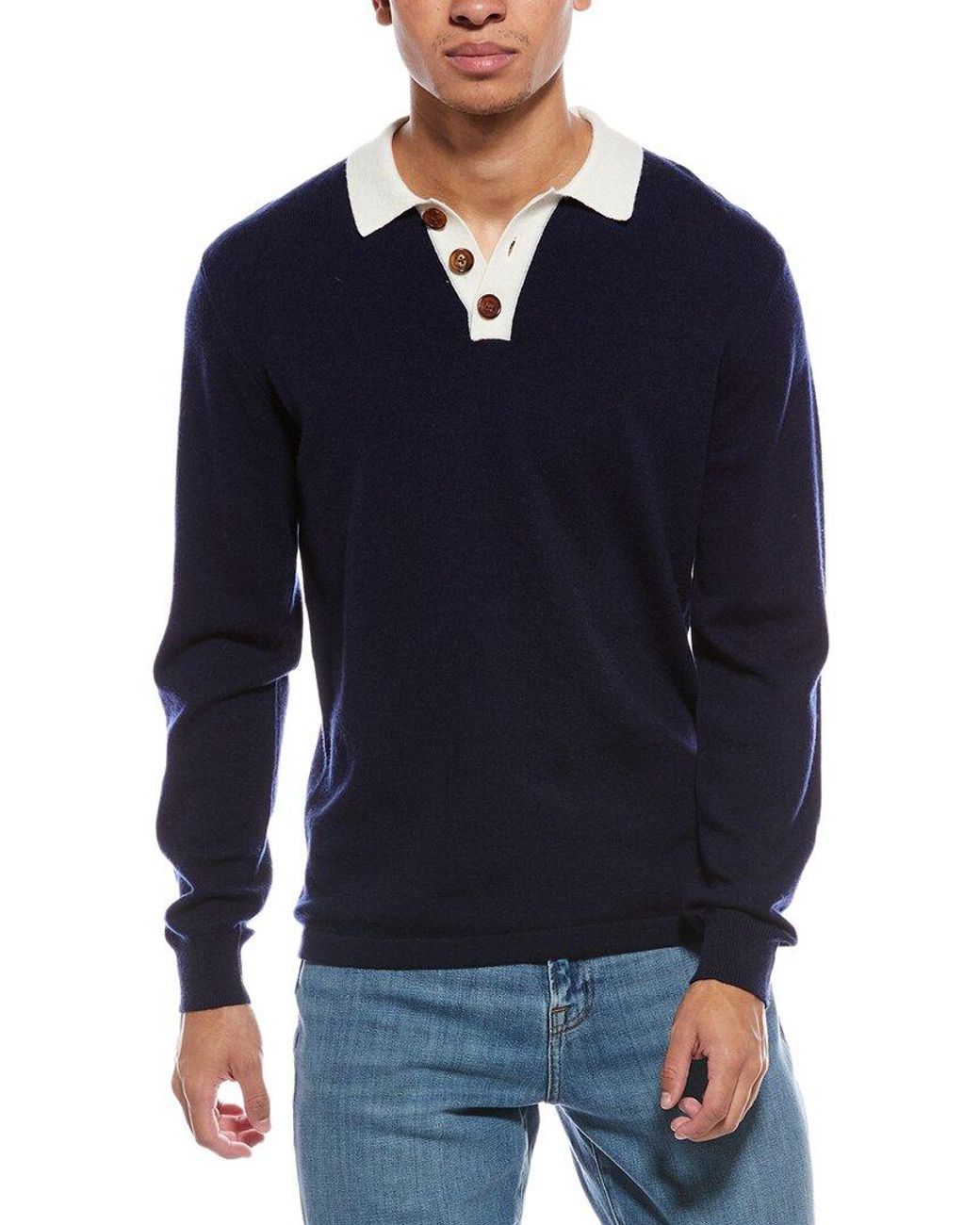 Brodie Cashmere Blue Solid Wool & Cashmere-Blend Rugby Shirt for men