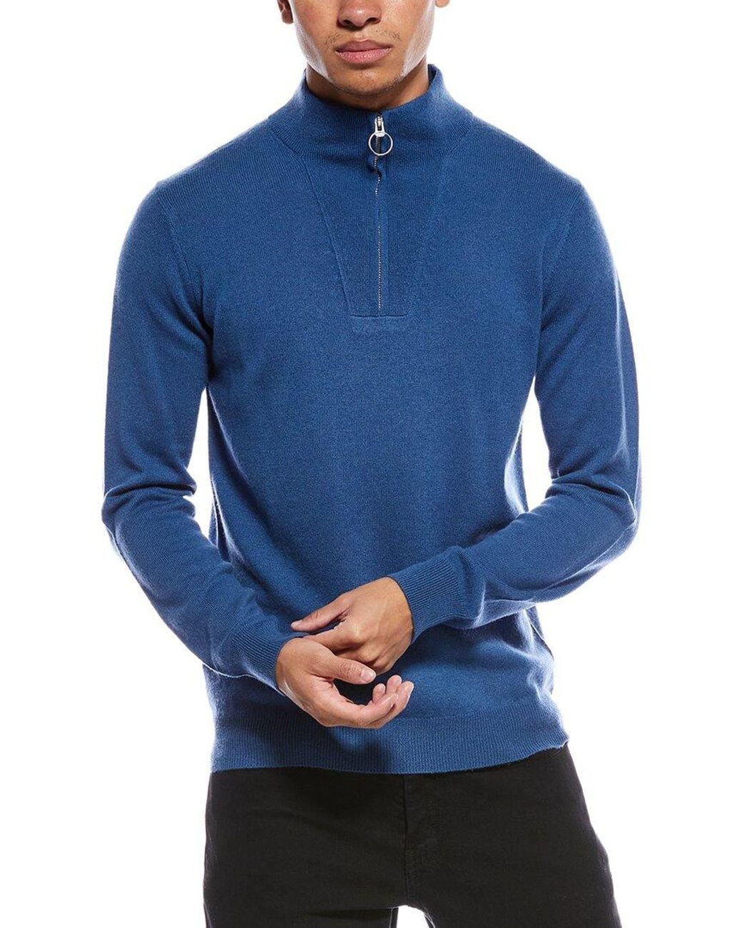 Brodie Cashmere Blue Rib Detail Wool & Cashmere-Blend 1/4-Zip Mock Neck Sweater for men