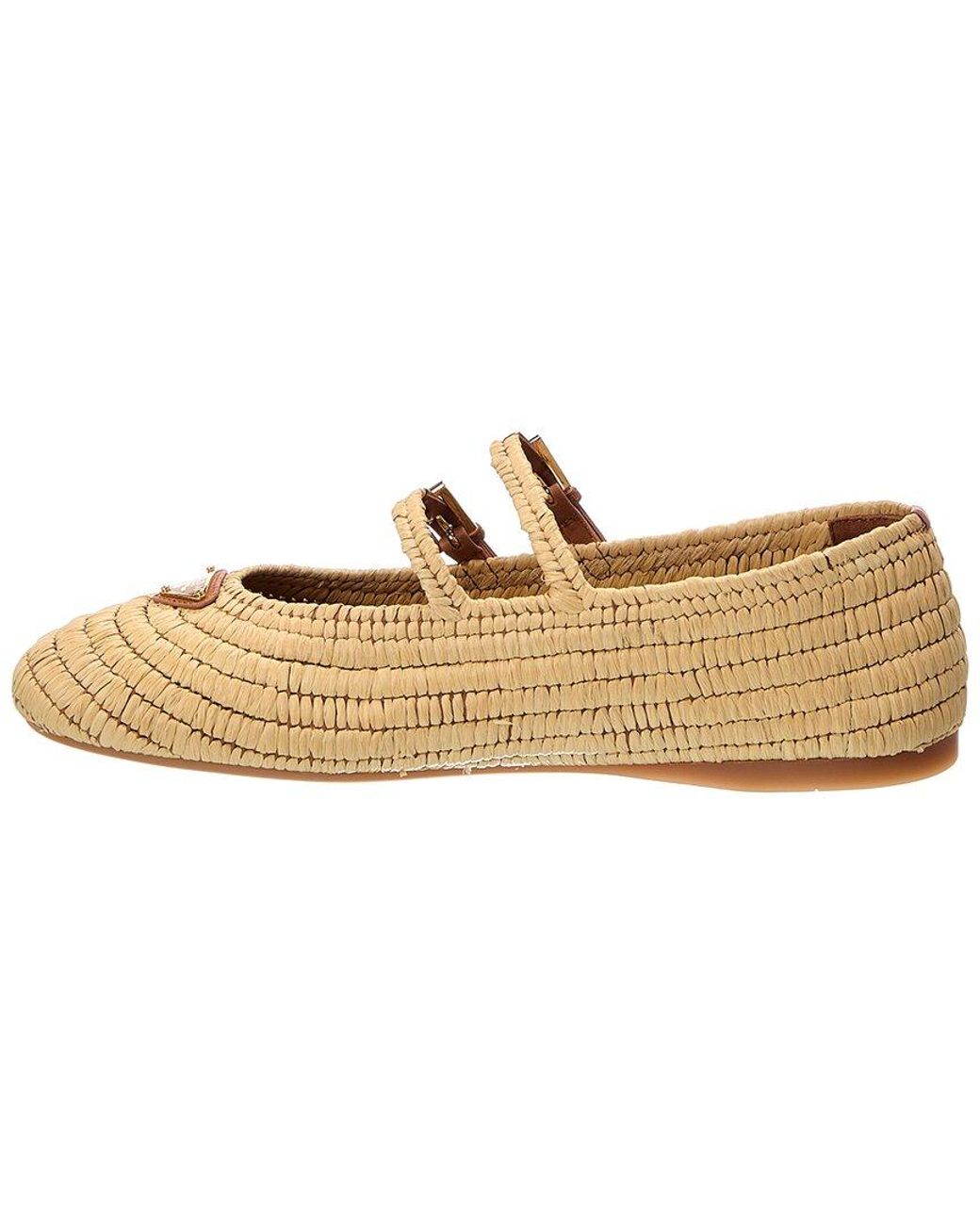 Prada Natural Logo Raffia Crochet Ballerina Flat