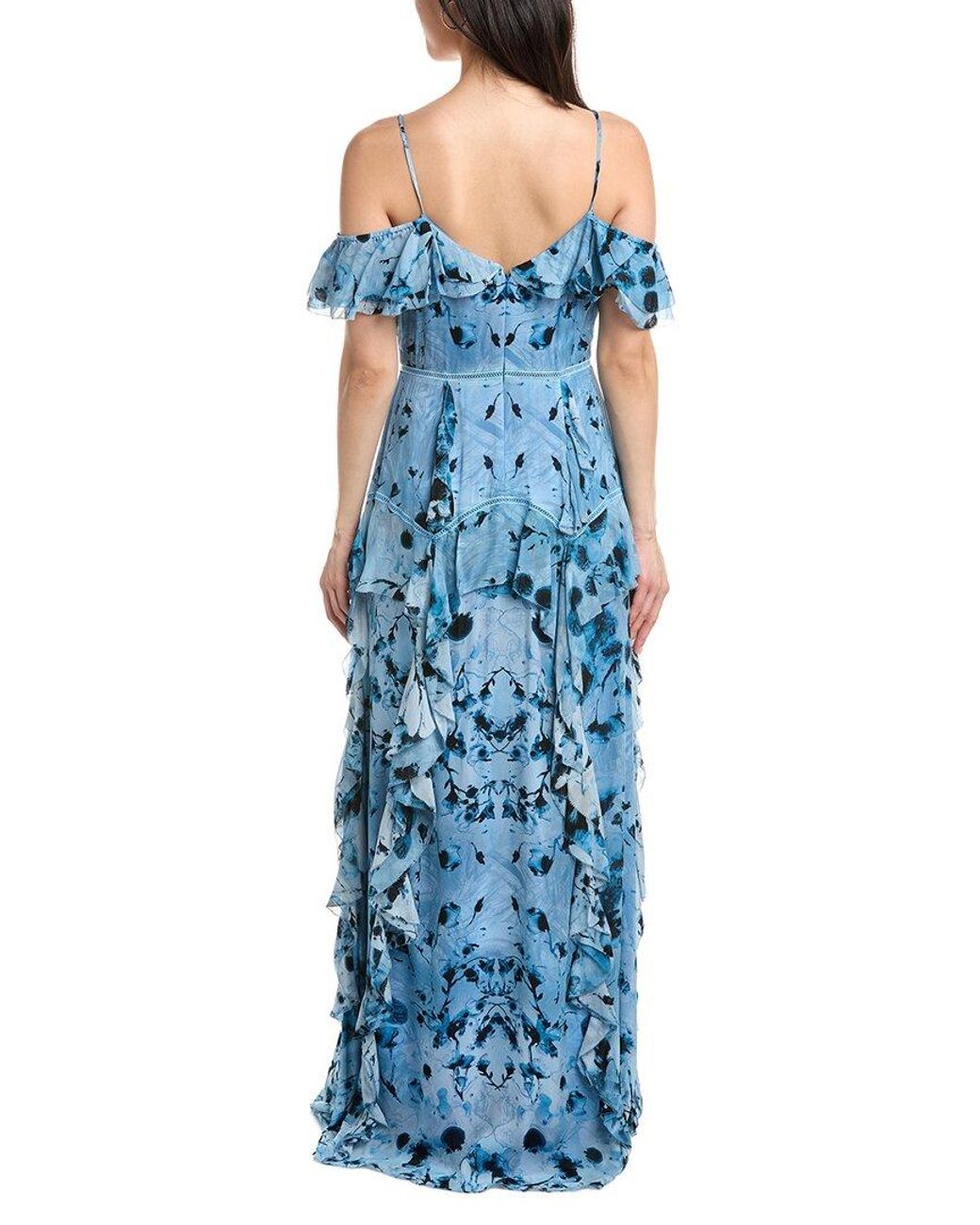 Marchesa Blue Off-The-Shoulder Ruffled Neckline Gown