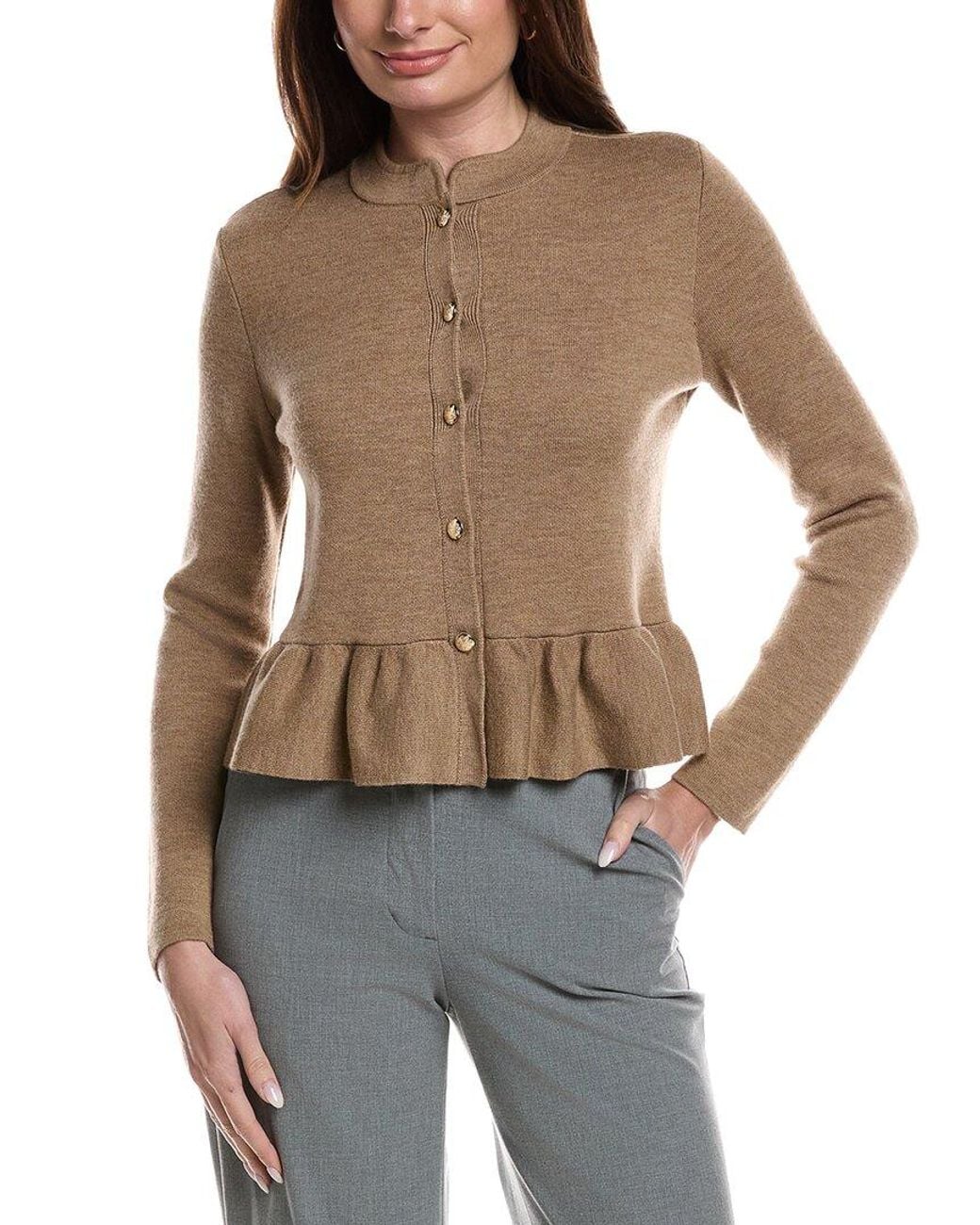Bruno Magli Brown Merino Wool Peplum Sweater Jacket