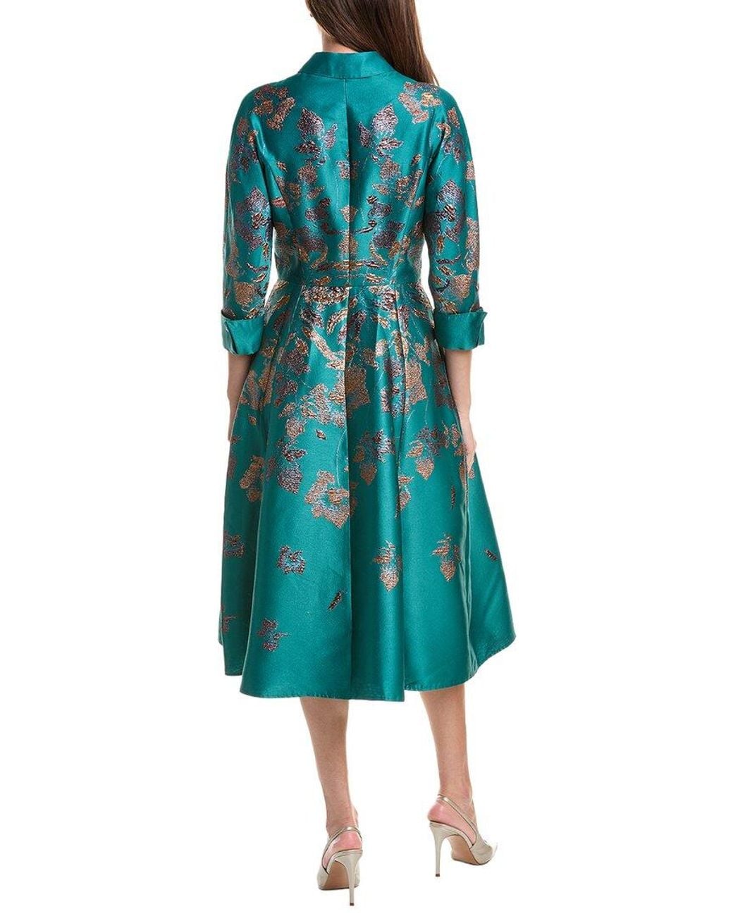 Teri Jon Blue Metallic Jacquard Floral Shirtdress