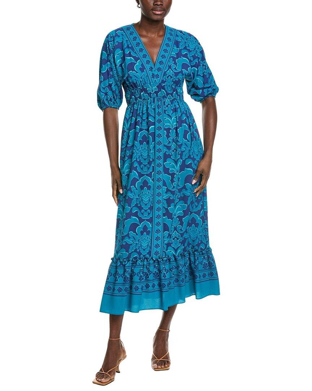 Maison Tara Blue Printed Ghost Crepe Short Sleeve Midi Dress