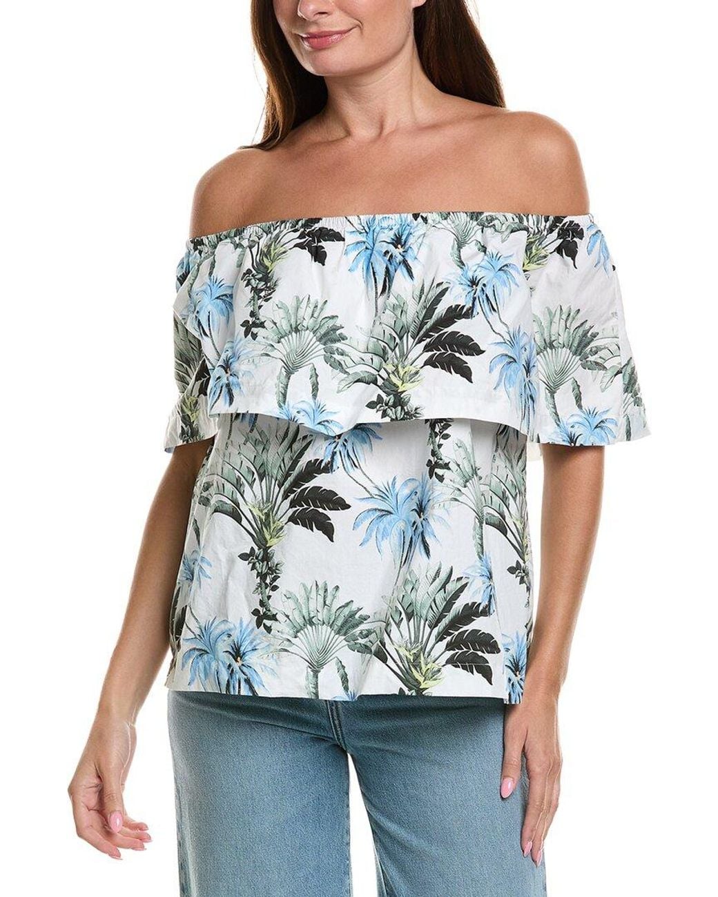 Tommy Bahama Blue Palisade Palms Off-The-Shoulder Top