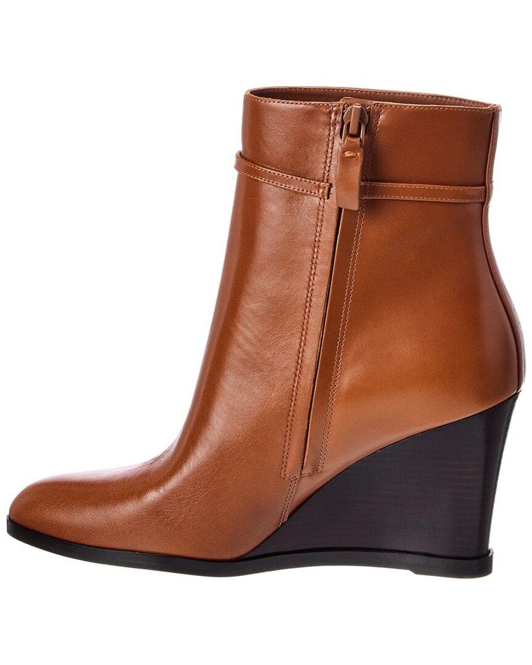 Tory Burch Brown Double T Buckle Leather Wedge Boot