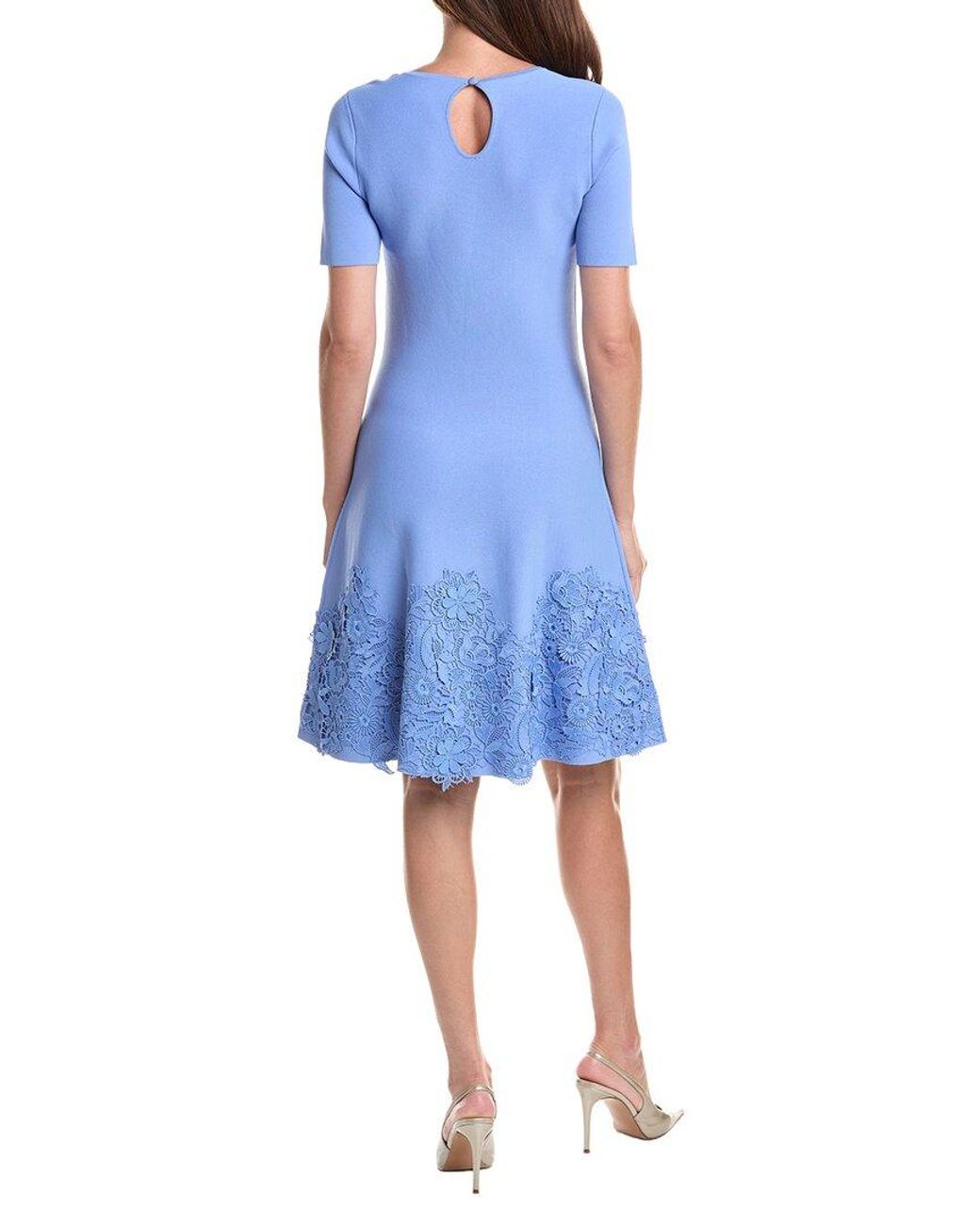 Teri Jon Blue Knit Lace Hem A-Line Dress
