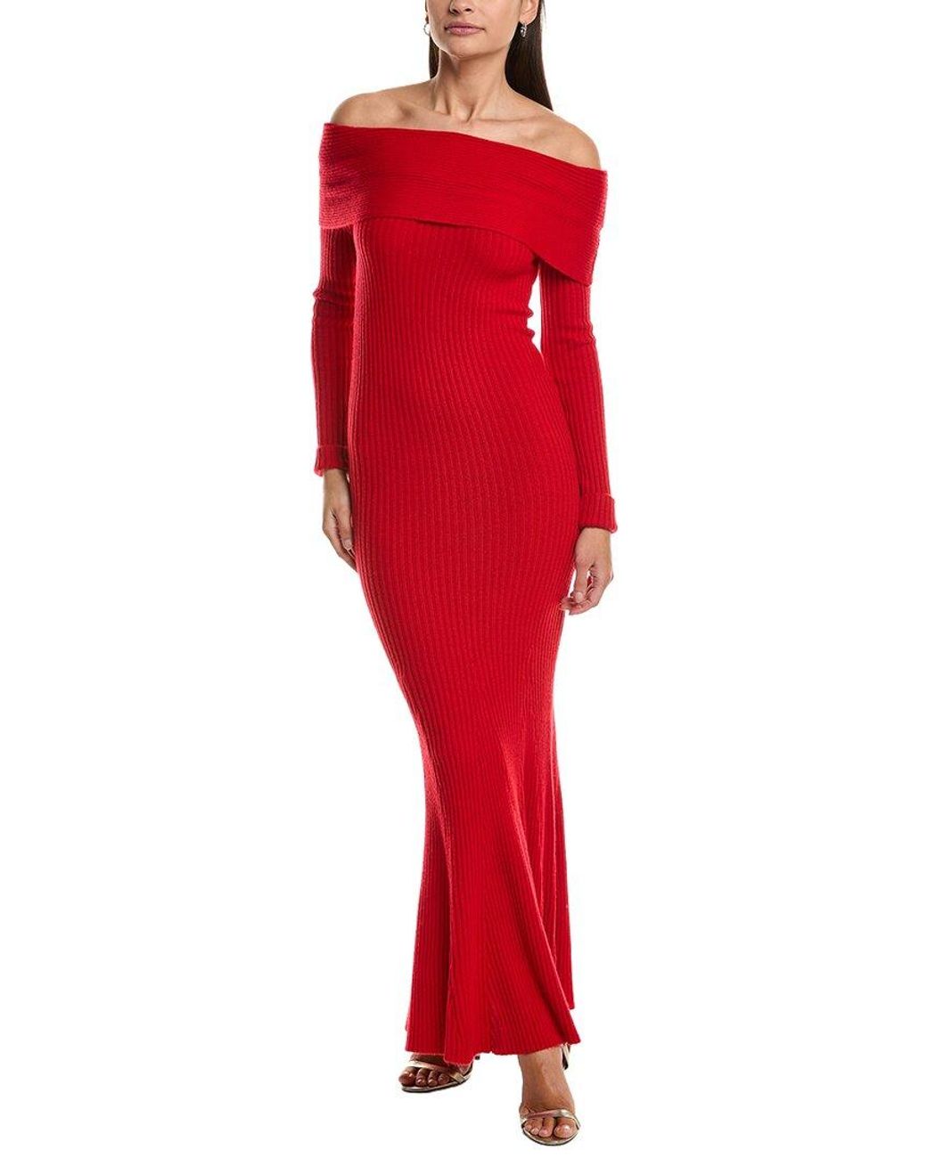 Fate Red Off-The-Shoulder Wool-Blend Maxi Sweaterdress