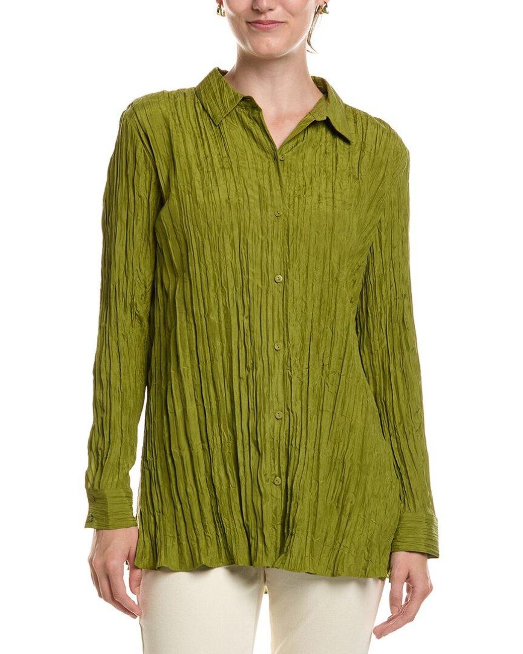 Eileen Fisher Green Petite Classic Silk Pleat Shirt