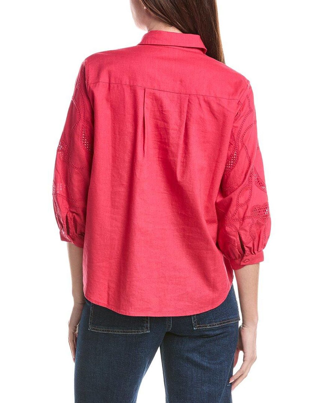 Renuar Red Woven Button Front Linen-Blend Blouse