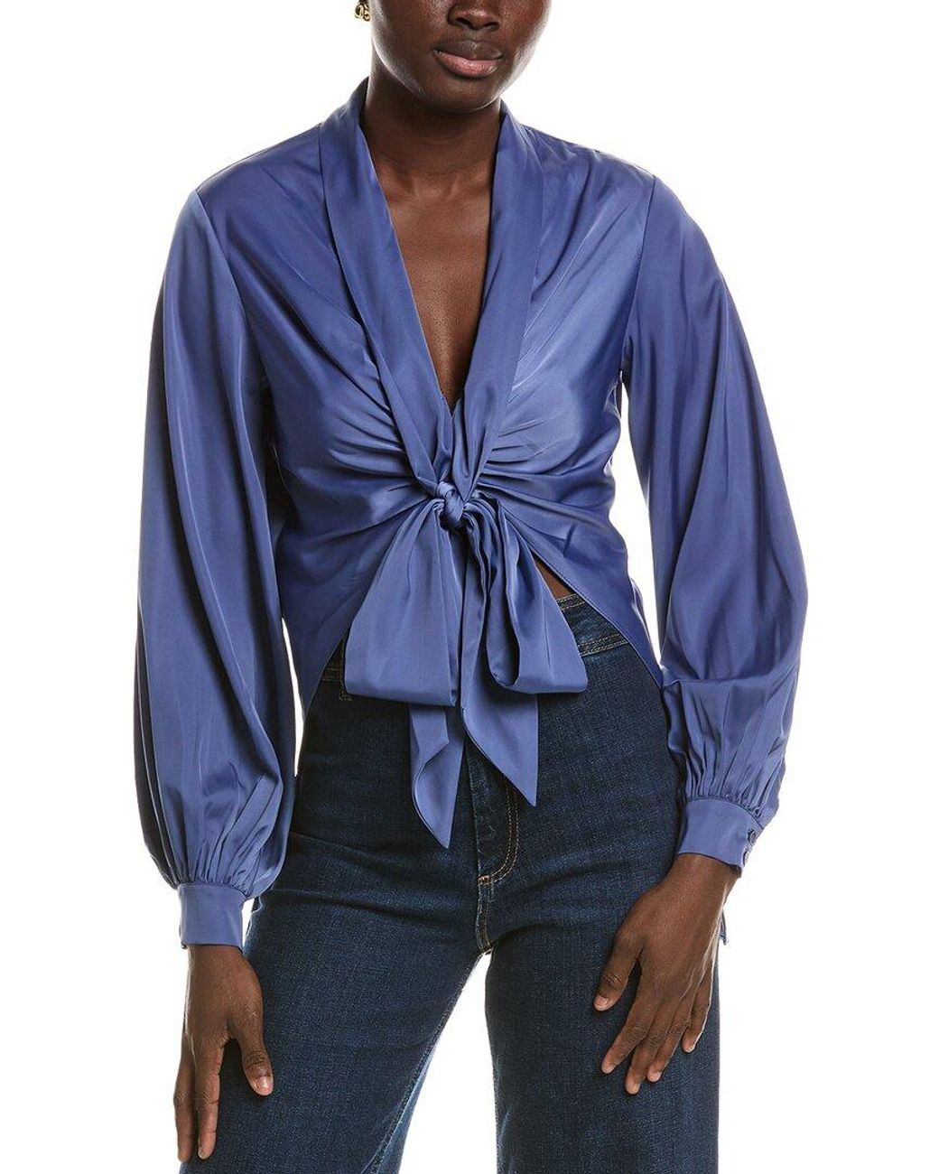 Susana Monaco Blue Matte Satin Tie Blouse