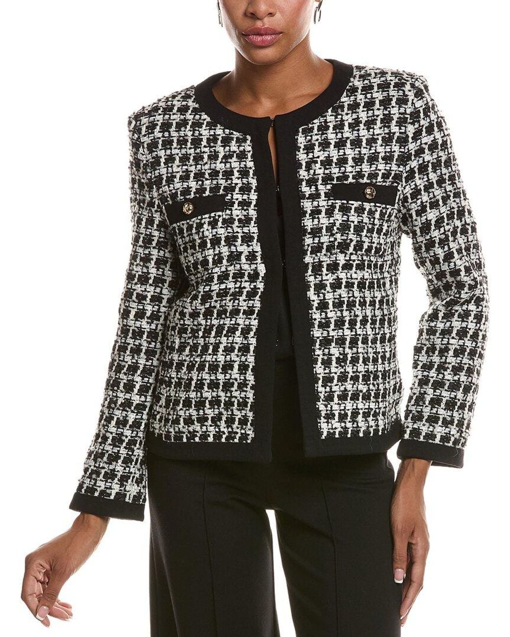 St. John Black Contrast Tape Tweed Wool-Blend Jacket