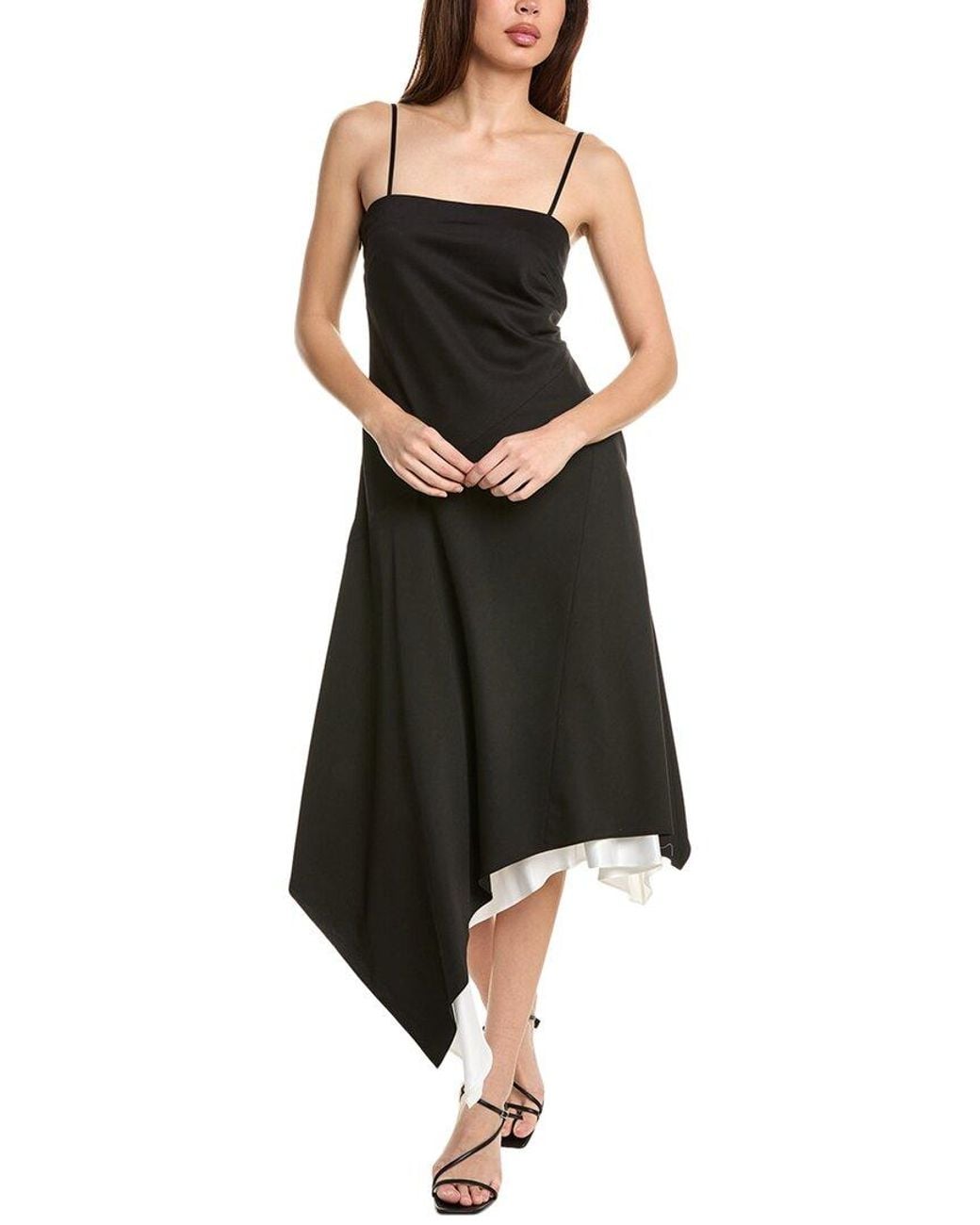 Helmut Lang Black Angled Hem Wool Midi Dress