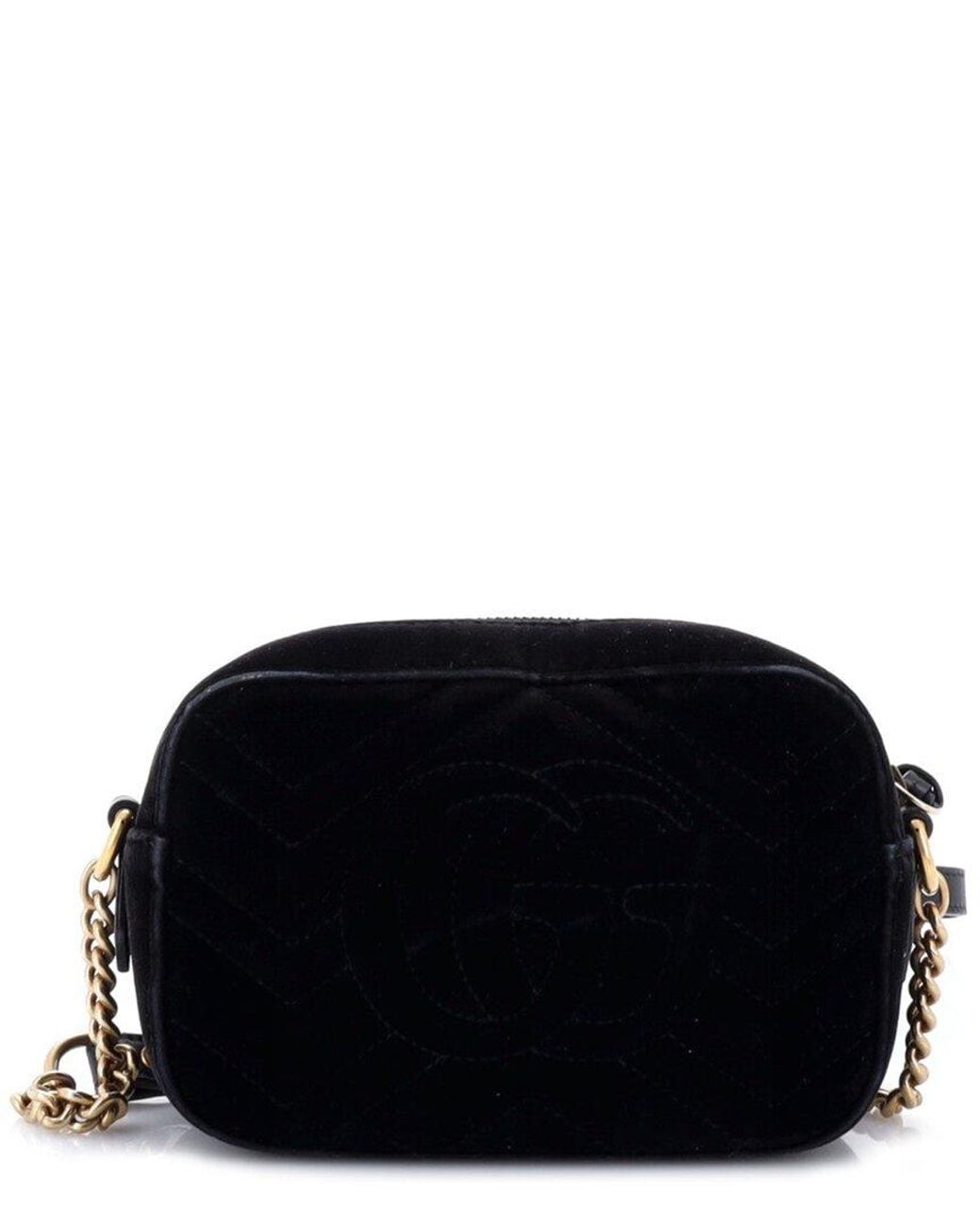 Gucci Black Matelasse Velvet Gg Marmont Shoulder Bag Crystal Embellished Mini (Authentic Pre-Loved)
