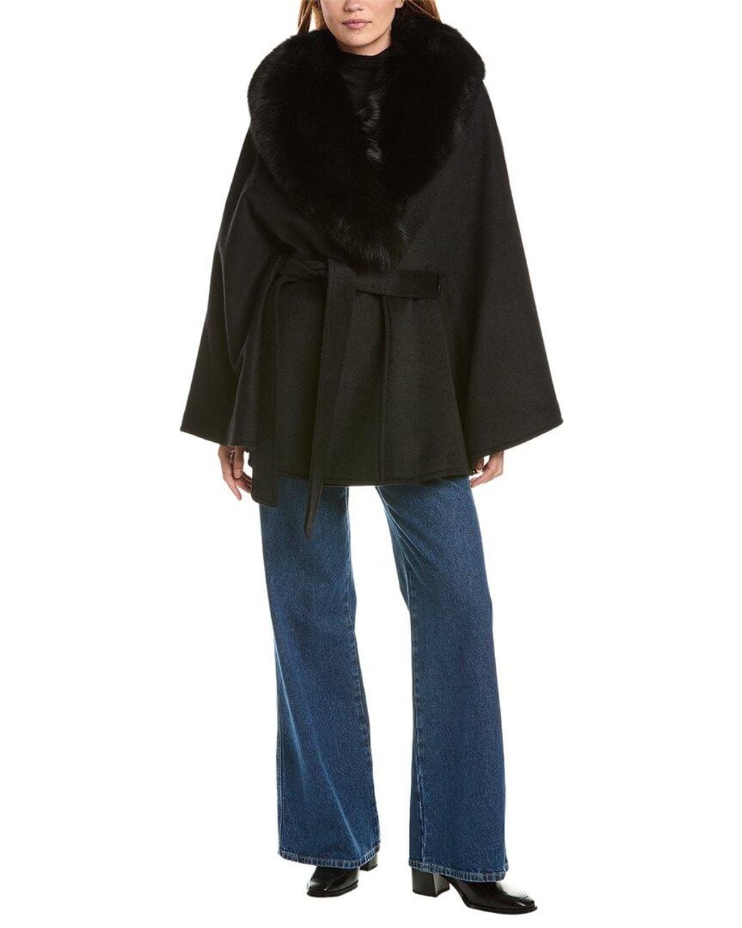 Sofiacashmere Black Sofiacashmere Shawl Collar Wool-Blend Cape Coat