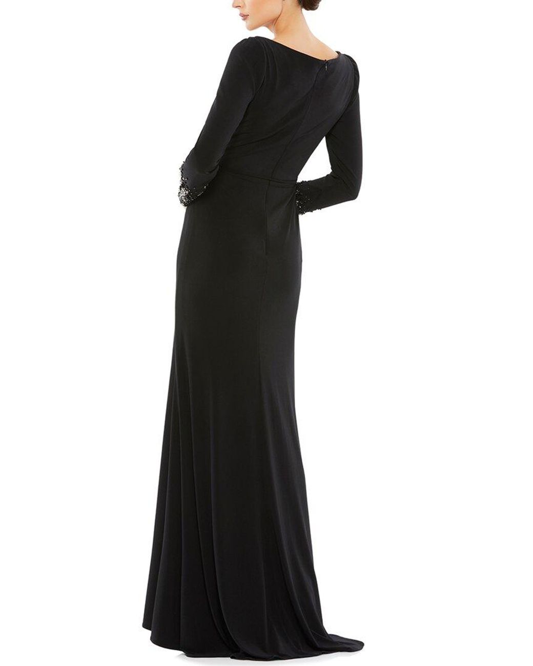 Mac Duggal Black Beaded Cuff Long Sleeve Wrap Over Trumpet Gown