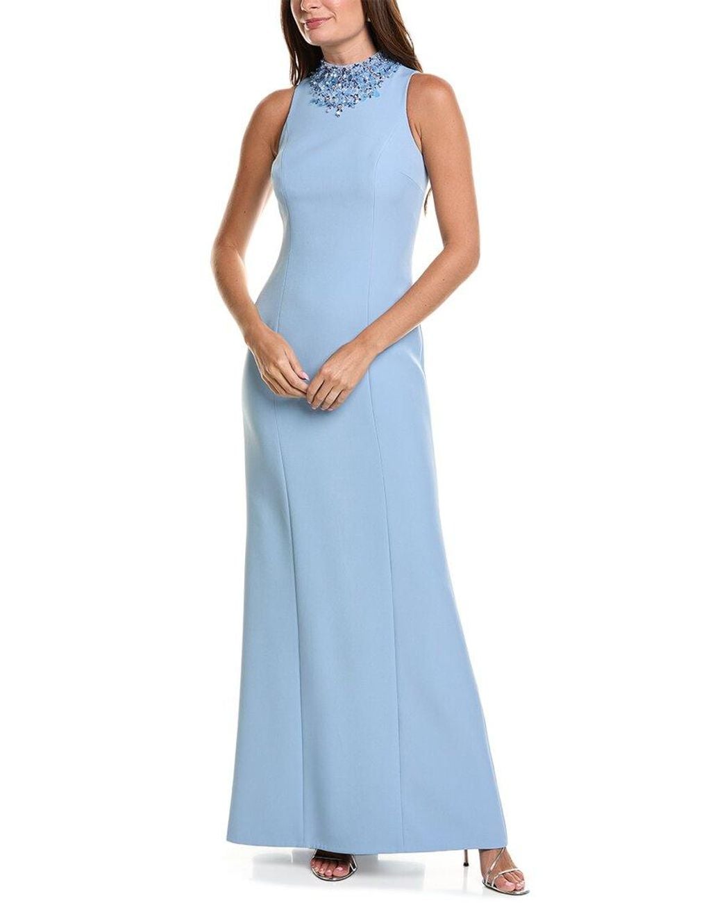 Teri Jon Blue Crepe Funnel Beaded Neck Column Gown