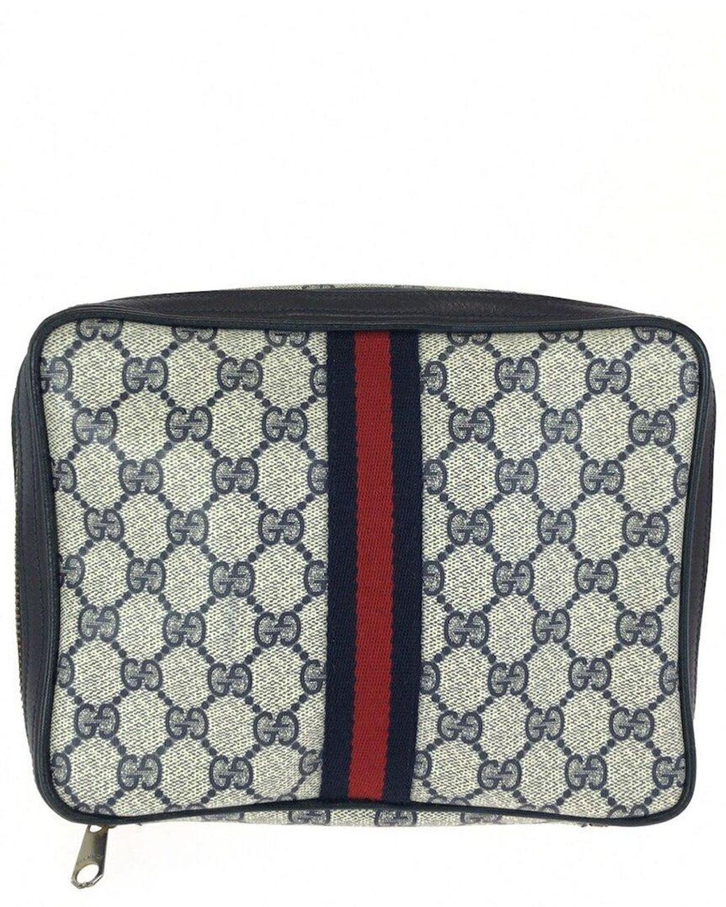 Gucci Gray Grey Gg Supreme Canvas & Leather Pouch (authentic Pre-loved)