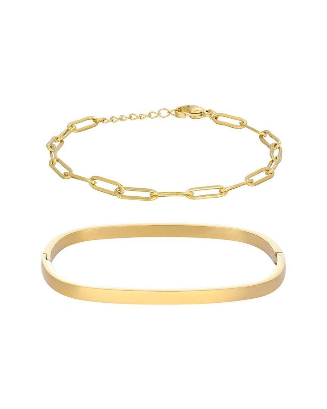 Adornia Metallic 18K Plated Stainless Steel Tarnish-Resistant Rectangular Cuff & Paper Clip Chain Set Bracelet