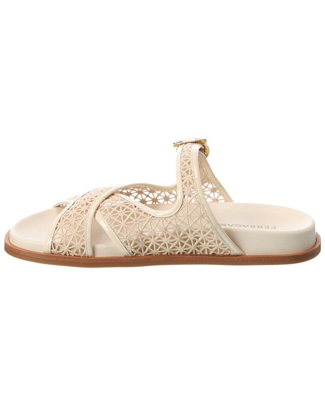 Ferragamo White Cosmy Lace & Patent Sandal