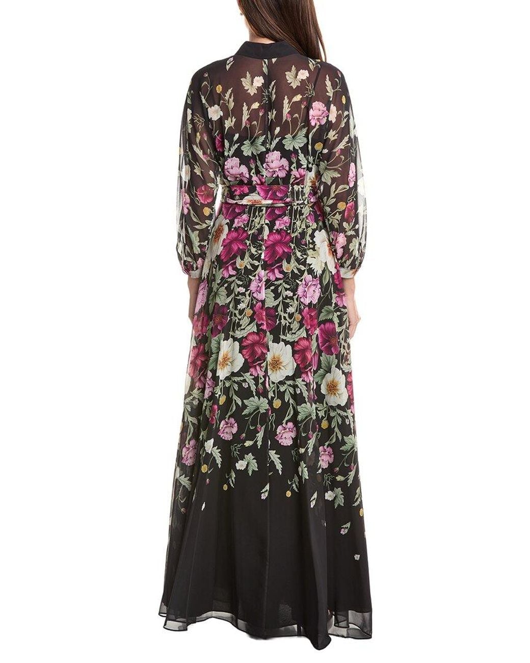 Teri Jon Black Chiffon Floral Print Maxi Shirtdress