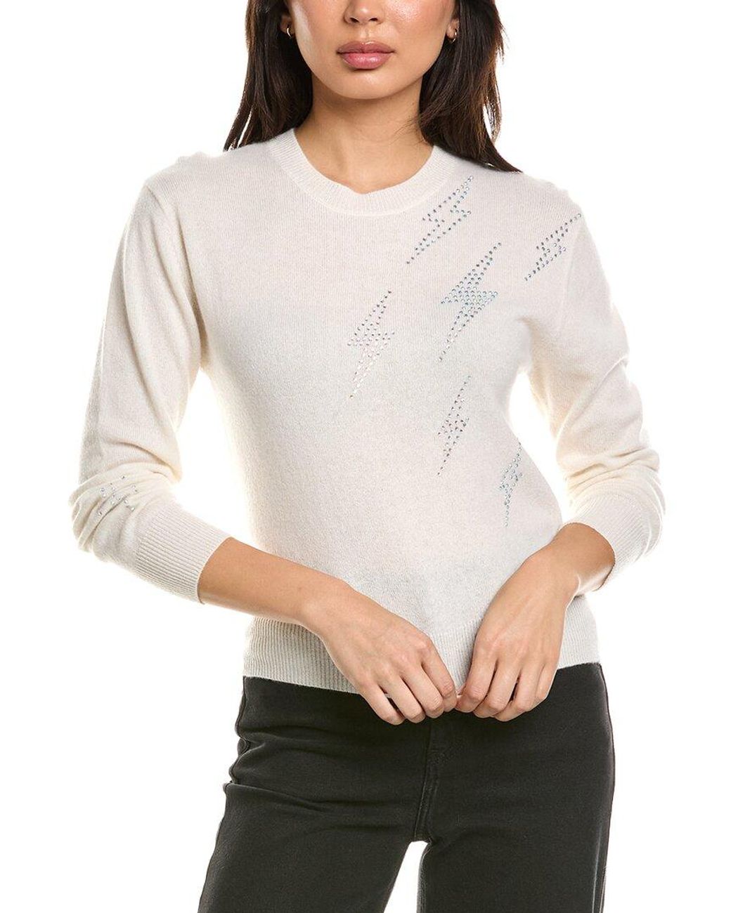 Brodie Cashmere Gray Hazel Hot Fix Bolt Crewneck 100% Cashmere Sweater