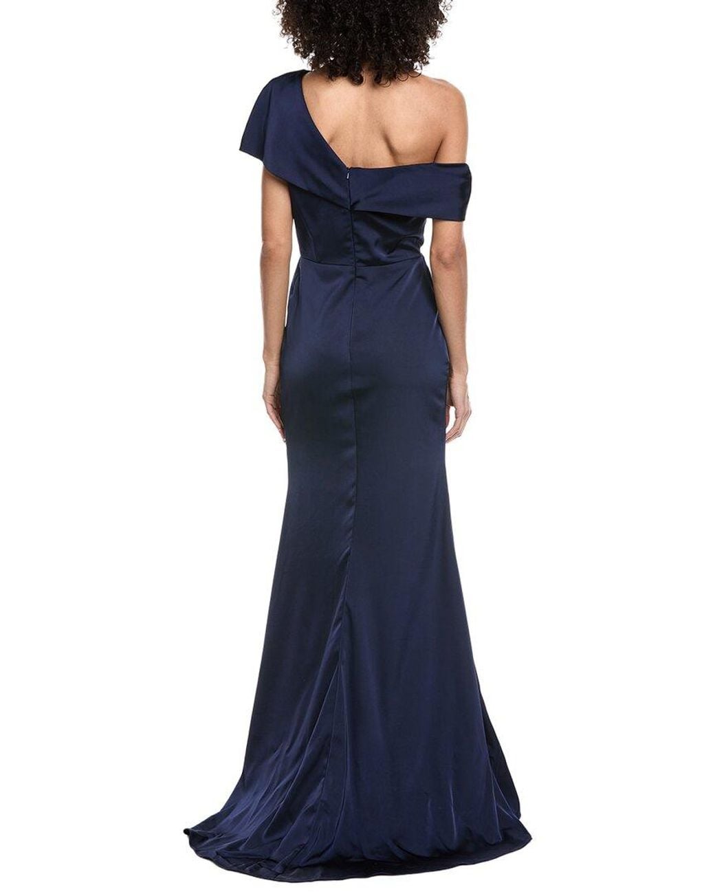Rene Ruiz Blue Asymmetric Off-Shoulder Crepe Gown