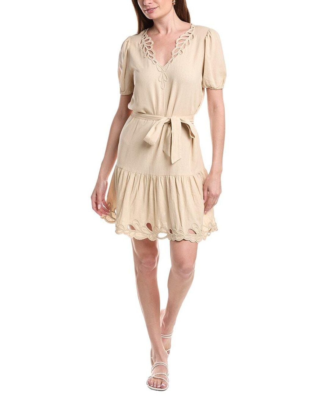 Ellen Tracy Natural Embroidered Belted Linen-Blend Dress