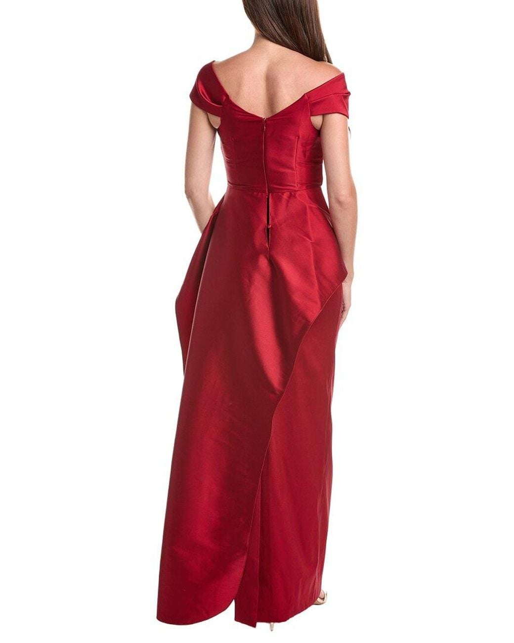 Teri Jon Red Stretch Gazar Asymmetrical Neck Ruched Peplum Gown