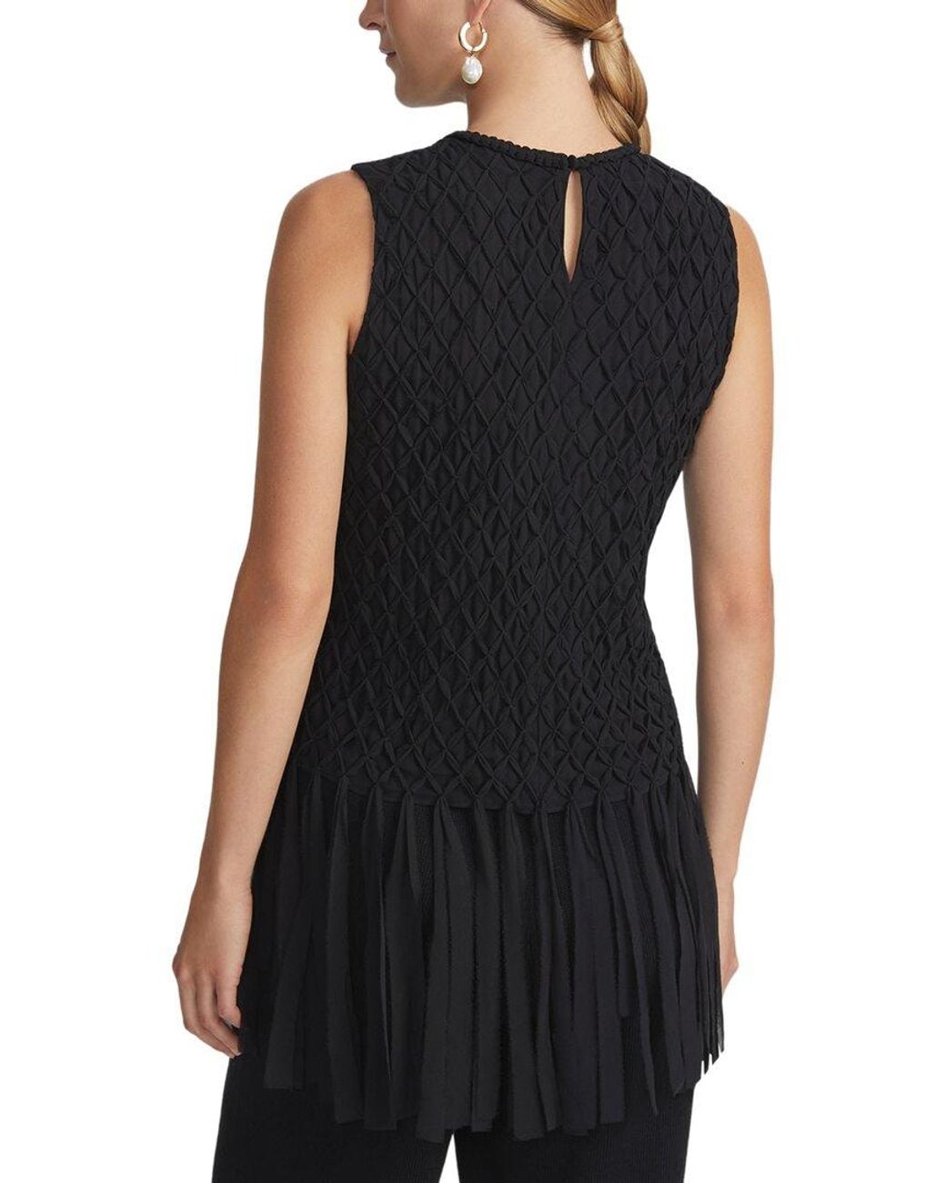 Lafayette 148 New York Black Hand-Smocked Lattice Fringe Silk Blouse