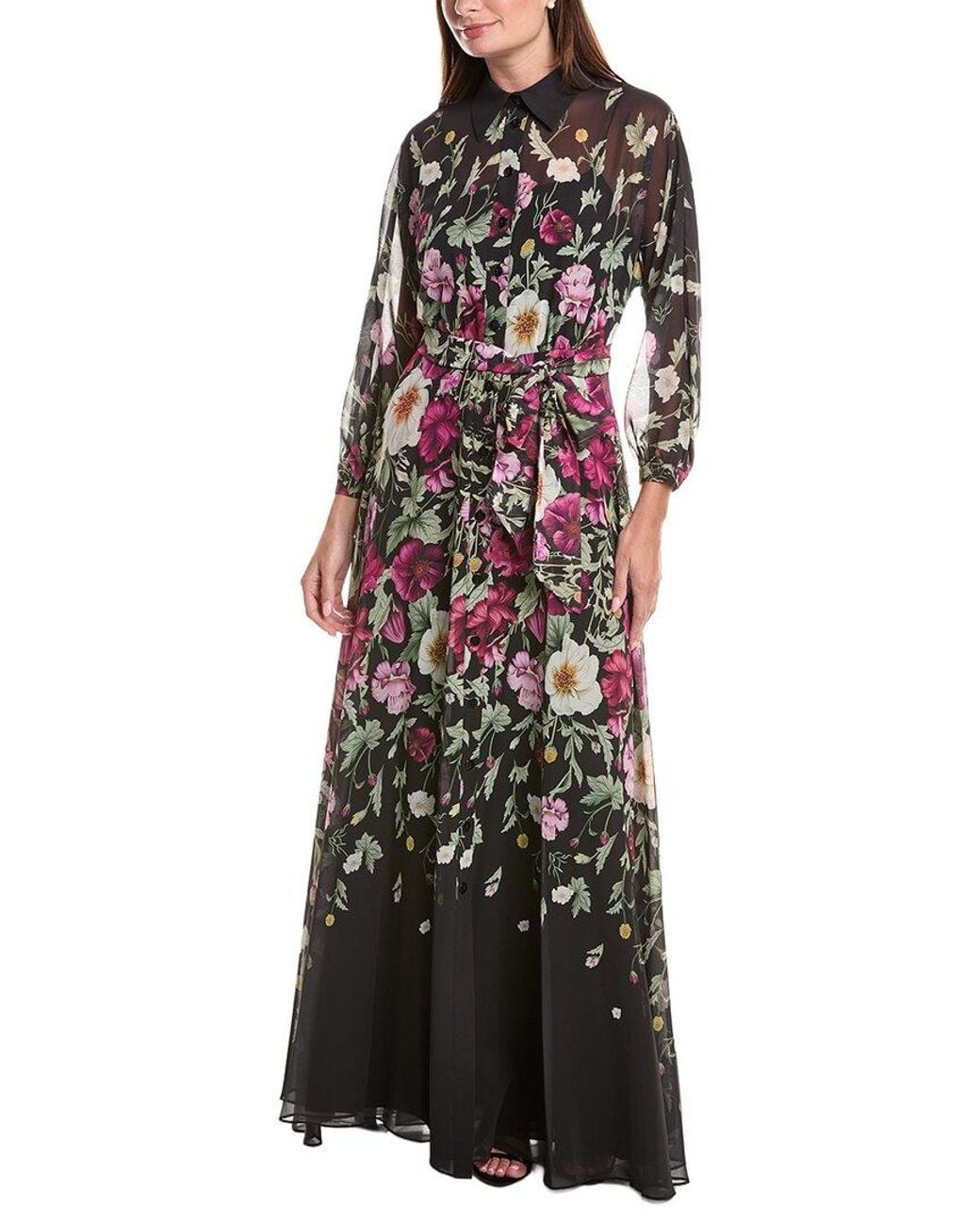 Teri Jon Black Chiffon Floral Print Maxi Shirtdress